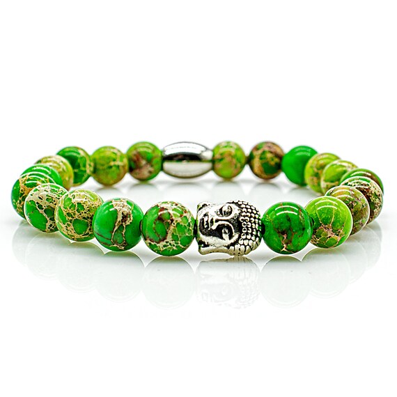 Jasper Bracelet Bracelet Beaded Bracelet Green Buddha Head Silver