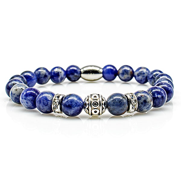 Sodalith Armband Bracelet Perlenarmband blau Beads Kugel silber 8mm Edelstahl Strass