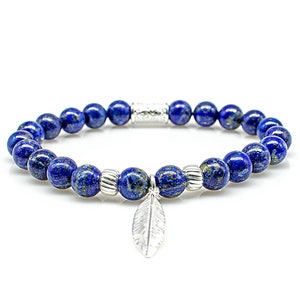 Lapis lazuli 925 Sterling silver bracelet pearl bracelet AAA/AAAAA quality blue pendant feather 8 mm