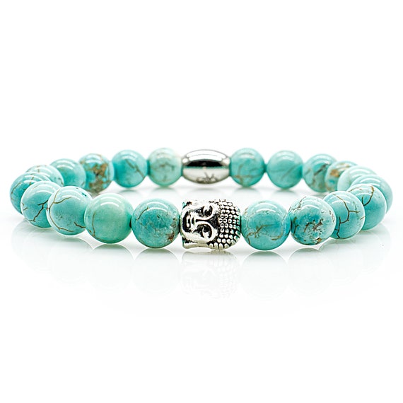 Bracciale Elastico Con Testa Di Buddha E Perline Turchesi | Gioiello Diffusore Per Oli Essenziali 19,1 Cm - 3