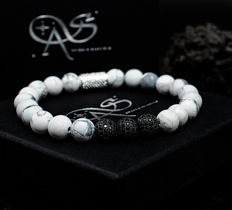 Beads Ball Black 8mm CZ Howlith 925 Sterling Silver Bracelet Bracelet Beaded Bracelet Class A