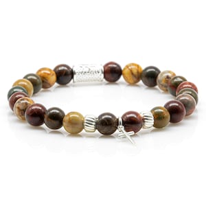 Jasper 925 Sterling Silver Bracelet Bead Bracelet Picasso Cross Spacer Ring Women Men 8 mm