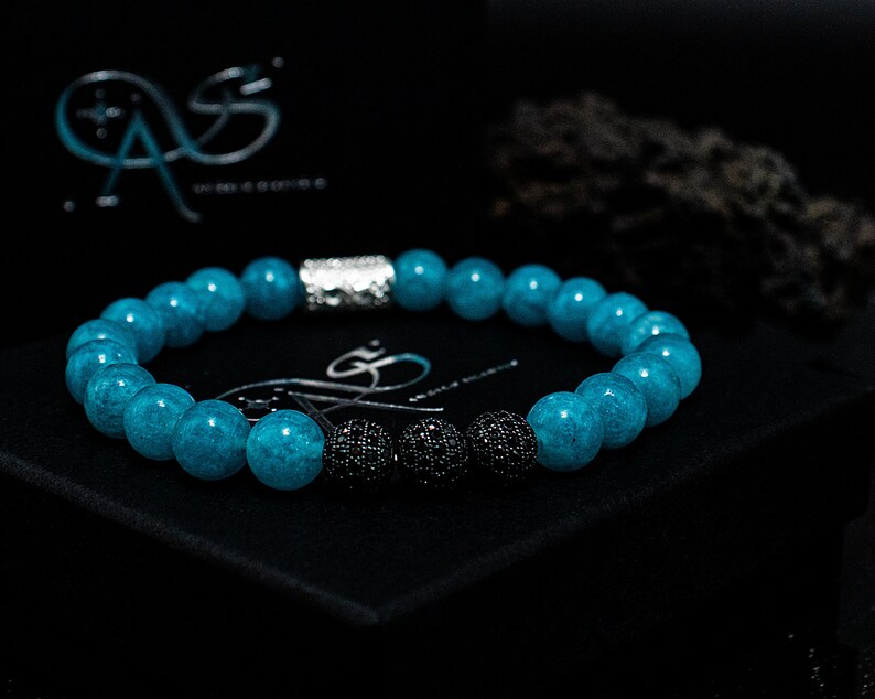 Jade 925 Sterling Silver Bracelet Bracelet Beaded Bracelet Amazonite Beads Ball Black 8mm CZ