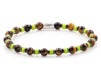 Pulseira de Olho de Tigre 6 mm, Contas Miyuki, Hematita, Unissex, Prata de Lei 925, Diversas Cores