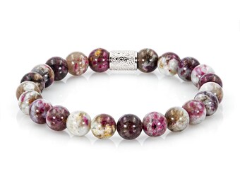 Pulseira de contas de turmalina flor de ameixa, pulseira de contas para mulheres e homens, 8 mm, prata de lei 925