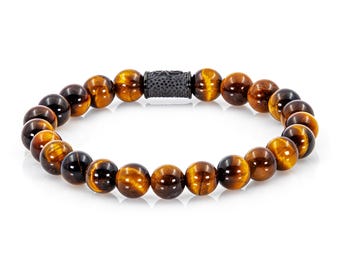 Pulseira de Olho de Tigre, Pulseira de Contas, Qualidade AAA, Feminina/Masculina, 8 mm, Aço Inoxidável