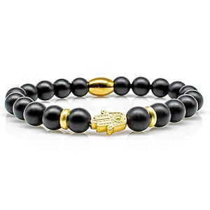 Onyx bracelet Bracelet pearl bracelet black matt Fatima 24k gold plated 8 mm stainless steel