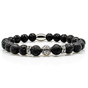 Lava bracelet Bracelet pearl bracelet black beads ball silver 8 mm stainless steel rhinestones