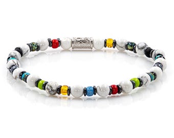 Pulseira de Howlita 6 mm, Pulseira de Contas, Contas Miyuki, Hematita, Feminina e Masculina, Prata de Lei 925, Diversas Cores
