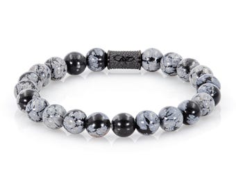 Pulseira de obsidiana, pulseira de contas, floco de neve preto, aço inoxidável de 8 mm, feminina/masculina