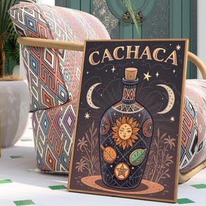 Cachaca Alkohol Mistyczny Tarot Sztuka Wydruk | Wózek Barowy i Dekoracja Domowego Baru | Pobieranie Cyfrowe | Prezent Miłośnika Koktajli | Sztuka Ścienna Speakeasy