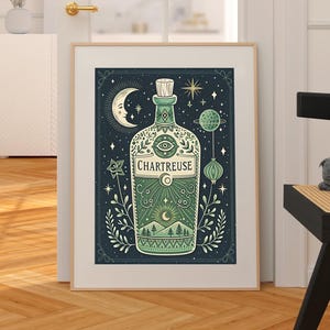 Chartreuse Alcohol Mystical Tarot Art Print | Bar Cart & Home Bar Decor | Pobieranie cyfrowe | Prezent dla miłośnika koktajli | Sztuka ścienna Speakeasy