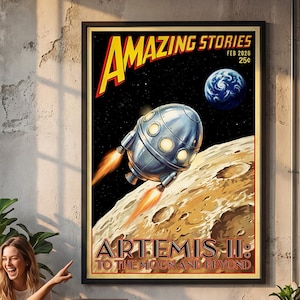 Amazing Stories Artemis II Poster - Retro Pulp Sci-Fi Cover - NASA Moon Mission Art Print
