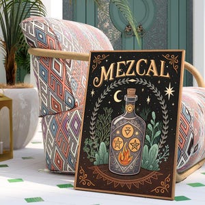 Mezcal Alkohol Mistyczny Tarot Sztuka Wydruk | Wózek Barowy i Dekoracja Domowego Baru | Pobieranie Cyfrowe | Prezent Miłośnika Koktajli | Sztuka Ścienna Speakeasy