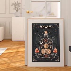 Whiskey Alkohol Mistyczny Tarot Sztuka Wydruk | Wózek Barowy i Dekoracja Domowego Baru | Pobieranie Cyfrowe | Prezent Miłośnika Koktajli | Sztuka Ścienna Speakeasy