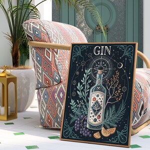 Gin Alkohol Mistyczny Tarot Sztuka Wydruk | Wózek Barowy i Dekoracja Domowego Baru | Pobieranie Cyfrowe | Prezent Miłośnika Koktajli | Sztuka Ścienna Speakeasy