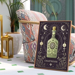 Chartreuse Alcohol Mystical Tarot Art Print | Bar Cart & Home Bar Decor | Pobieranie cyfrowe | Prezent dla miłośnika koktajli | Sztuka ścienna Speakeasy