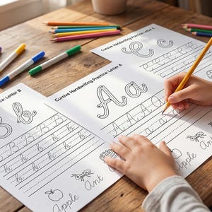 May include: A child practices cursive handwriting on printed worksheets. The worksheets feature the letters A, B, and C, with examples and practice lines. Colored pencils, crayons, and markers are on the wooden table.