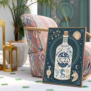 Ouzo Alkohol Mistyczny Tarot Sztuka Wydruk | Wózek Barowy i Dekoracja Domowego Baru | Pobieranie Cyfrowe | Prezent Miłośnika Koktajli | Sztuka Ścienna Speakeasy