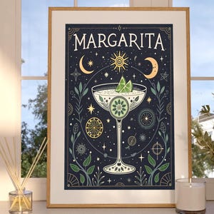 Wydruk artystyczny koktajlu Margarita | Wózek barowy i wystrój domowego baru | Pobieranie cyfrowe | Prezent w stylu mistycznego tarota | Sztuka ścienna Speakeasy