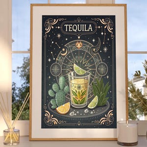 Wydruk artystyczny koktajlu tequili | Wózek barowy i wystrój domowego baru | Pobieranie cyfrowe | Prezent w stylu mistycznego tarota | Sztuka ścienna Speakeasy