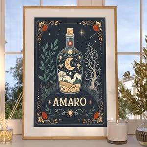 Amaro Alcohol Mystical Tarot Art Print | Bar Cart & Home Bar Decor | Pobieranie cyfrowe | Prezent dla miłośnika koktajli | Sztuka ścienna Speakeasy