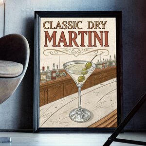 Vintage Bar Martini | Klasyczny plakat koktajlowy inspirowany salonem | Wózek barowy i wystrój domowego baru | Pobieranie cyfrowe