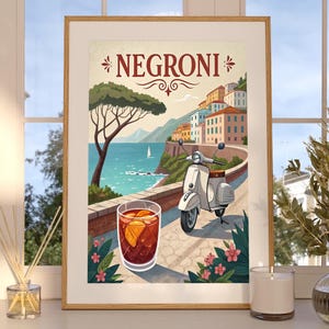 Wydruk artystyczny koktajlu Negroni | Wózek barowy i wystrój domowego baru | Pobieranie cyfrowe | Prezent w stylu mistycznego tarota | Sztuka ścienna Speakeasy