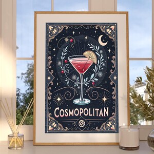 Cosmopolitan Cocktail Art Print | Bar Cart & Home Bar Decor | Pobieranie cyfrowe | Mistyczny prezent w stylu tarota | Sztuka ścienna Speakeasy