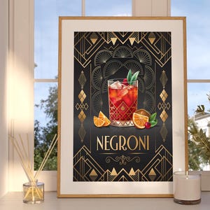 Wydruk artystyczny koktajlu Negroni | Wózek barowy i wystrój domowego baru | Pobieranie cyfrowe | Prezent w stylu mistycznego tarota | Sztuka ścienna Speakeasy