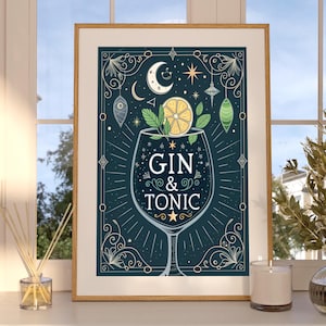 Cocktail Gin and Tonic Art | Bar Cart Print & Home Bar Decor | Digital Download | Mystical Tarot Style Gin Lover Gift | Speakeasy Wall Art