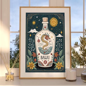 Baijiu Alkohol Mistyczny Tarot Sztuka Wydruk | Wózek Barowy i Dekoracja Domowego Baru | Pobieranie Cyfrowe | Prezent Miłośnika Koktajli | Sztuka Ścienna Speakeasy