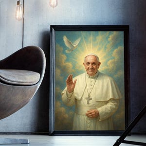 Ritratto divino surreale di Papa Francesco / Stampa artistica giclée cattolica / Poster da parete spirituale cristiano / Decorazione religiosa per la casa
