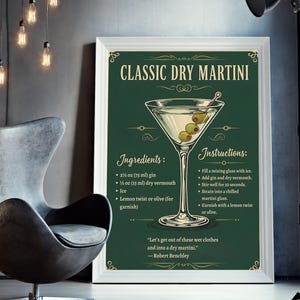 Klasyczny przewodnik po wytrawnym martini | Przepis na drinka inspirowany botaniką Wydruk na ścianę | Wózek barowy i wystrój domowego baru | Pobieranie cyfrowe