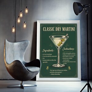 Przepis na klasycznego dry martini w Speakeasy | Eleganckie składniki koktajli Dekoracja ścienna | Wózek barowy i wystrój domowego baru | Pobieranie cyfrowe