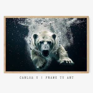 May include: A polar bear swims underwater, its white fur contrasting with the dark blue water. Bubbles surround the bear as it emerges from the water, creating a sense of movement and energy.