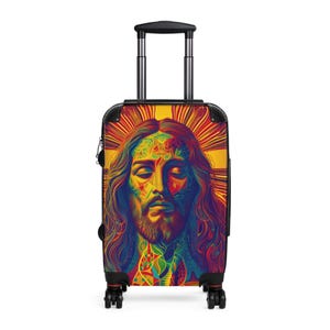 Trippy psychedelische koffers levendige kunst, kleurrijke reisbagage, unieke handbagage, religieus grafisch ontwerp, perfect cadeau voor reizigers