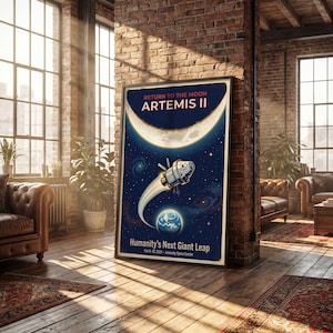 May include: A framed poster with a vintage space travel theme. The poster features the text "RETURN TO THE MOON ARTEMIS II" above an illustration of a spacecraft, the moon, and Earth. The text "Humanity's Next Giant Leap" is also visible.
