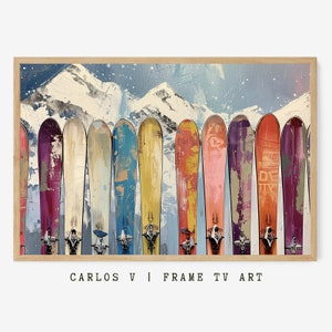 Peut inclure: Une peinture représentant une rangée de skis colorés sur fond de montagne enneigée. Les skis sont peints dans différentes nuances de rouge, orange, jaune, bleu, vert et violet. La peinture est encadrée dans un cadre en bois clair.