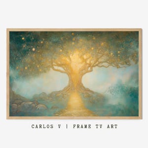 May include: A painting of a large, golden tree with a glowing light emanating from its center. The tree is surrounded by a misty, ethereal landscape.