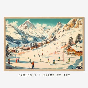 Pode incluir: Uma ilustração de estilo vintage de uma paisagem montanhosa nevada com esquiadores em uma encosta. A cena apresenta um chalé com telhado vermelho e um teleférico no fundo. O texto "CARLOS V | FRAME TV ART" está na parte inferior da imagem.