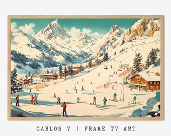 May include: A vintage-style illustration of a snowy mountain landscape with skiers on a slope. The scene features a chalet with a red roof and a ski lift in the background. The text "CARLOS V | FRAME TV ART" is at the bottom of the image.