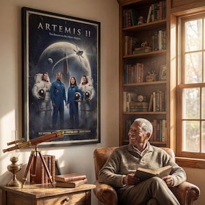Puede incluir: Un póster enmarcado titulado "ARTEMIS II" representa astronautas y un cohete sobre un fondo celestial. El póster cuelga sobre una mesa de madera con un telescopio y libros. Una persona está sentada en un sillón de cuero, leyendo un libro.