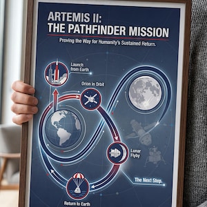 May include: A framed poster with the title "ARTEMIS II: THE PATHFINDER MISSION" and a diagram illustrating a space mission. The diagram shows the path from Earth to the Moon and back, including launch, orbit, and lunar flyby phases. The poster is held by a person.