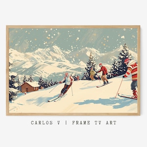 Könnte beinhalten: Eine Illustration im Vintage-Stil von Skifahrern auf einer schneebedeckten Bergabfahrt. Die Skifahrer tragen bunte Kleidung und sind von schneebedeckten Bäumen umgeben. Die Berge im Hintergrund sind schneebedeckt und der Himmel ist hellblau mit weißen Schneeflocken.