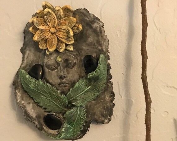 Flower Goddess w/ Obsidian and Peridot, Wall Plaque, Hanging Art