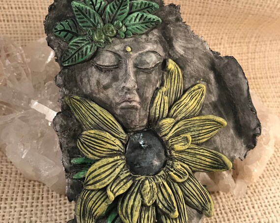 Flower Goddess w/ Black Moonstone, Black Labradorite, Larvikite Wall Plaque, Hanging Art