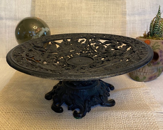 Vintage 1960's cast iron compote made by Emig. Ornate bowl, Greek Mythology, Neptune, Nymph, altar tool, Pagan