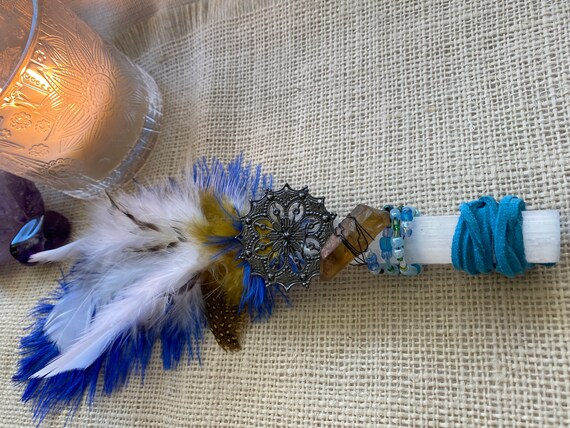 OOAK Smudge wand, Spiritual tool, Voodoo, Pagan, Wiccan, Spirit fan, Selenite wand, Crystals, Altar Tool