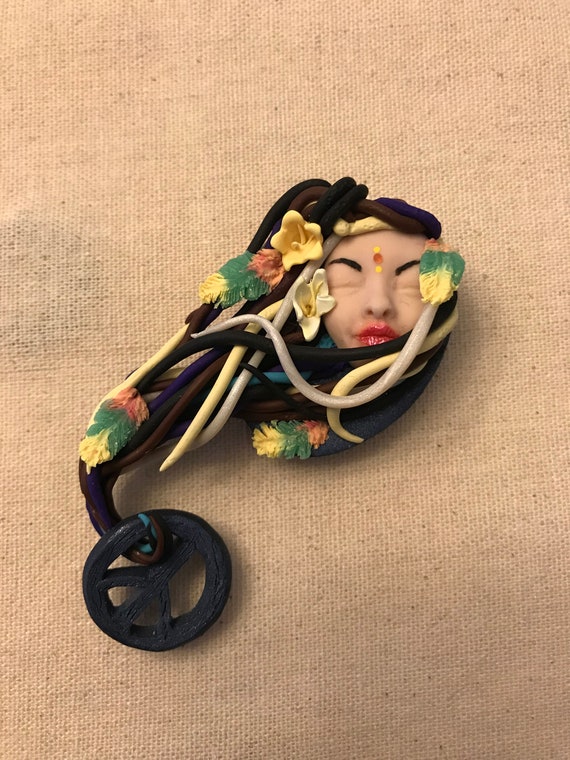 Peace Goddess, Hippy, Flower Power, Gypsy, Polymer Clay ArtDoll Magnet